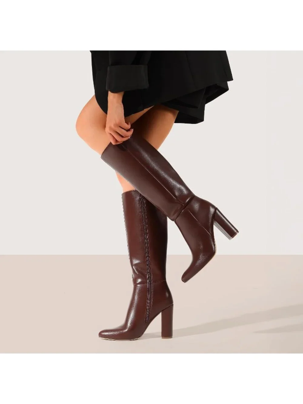 Women's Brown Faux Leather Chunky Heel Pointed Toe Side Zipper Knee High Boots